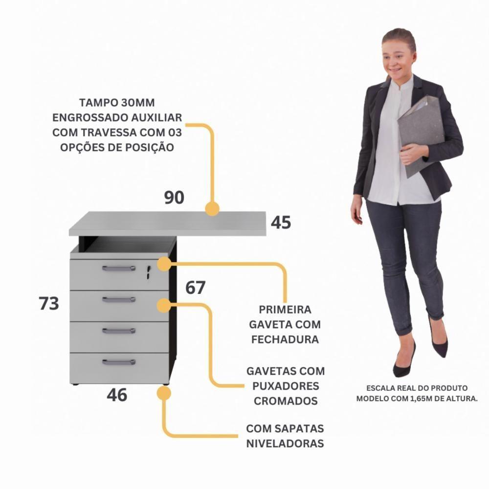 Gaveteiro De Escritório Com Tampo Auxiliar 90cm Com Chave 4 Gavetas Multimóveis Cr25300 Cinza Preto - 3
