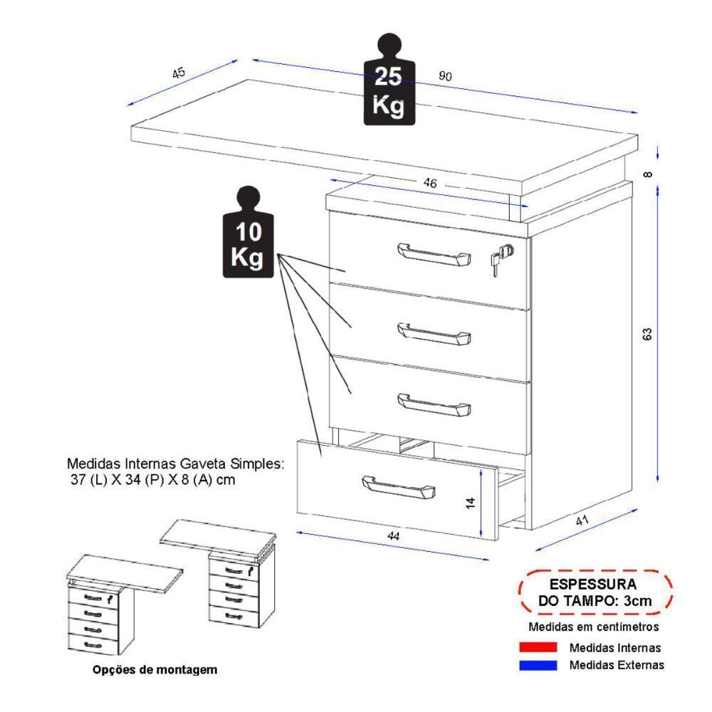 Gaveteiro De Escritório Com Tampo Auxiliar 90cm Com Chave 4 Gavetas Multimóveis Cr25300 Cinza Preto - 4