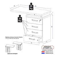 Gaveteiro De Escritório Com Tampo Auxiliar 90cm Com Chave 4 Gavetas Multimóveis Cr25300 Cinza Preto
