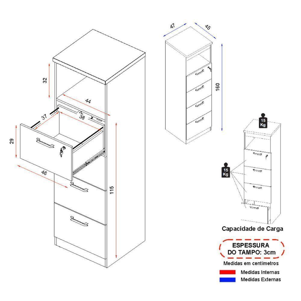 Armário De Escritório Para Arquivos 46,5cm 4 Gavetas Multimóveis Cr25295 Sevilha Preto - 4