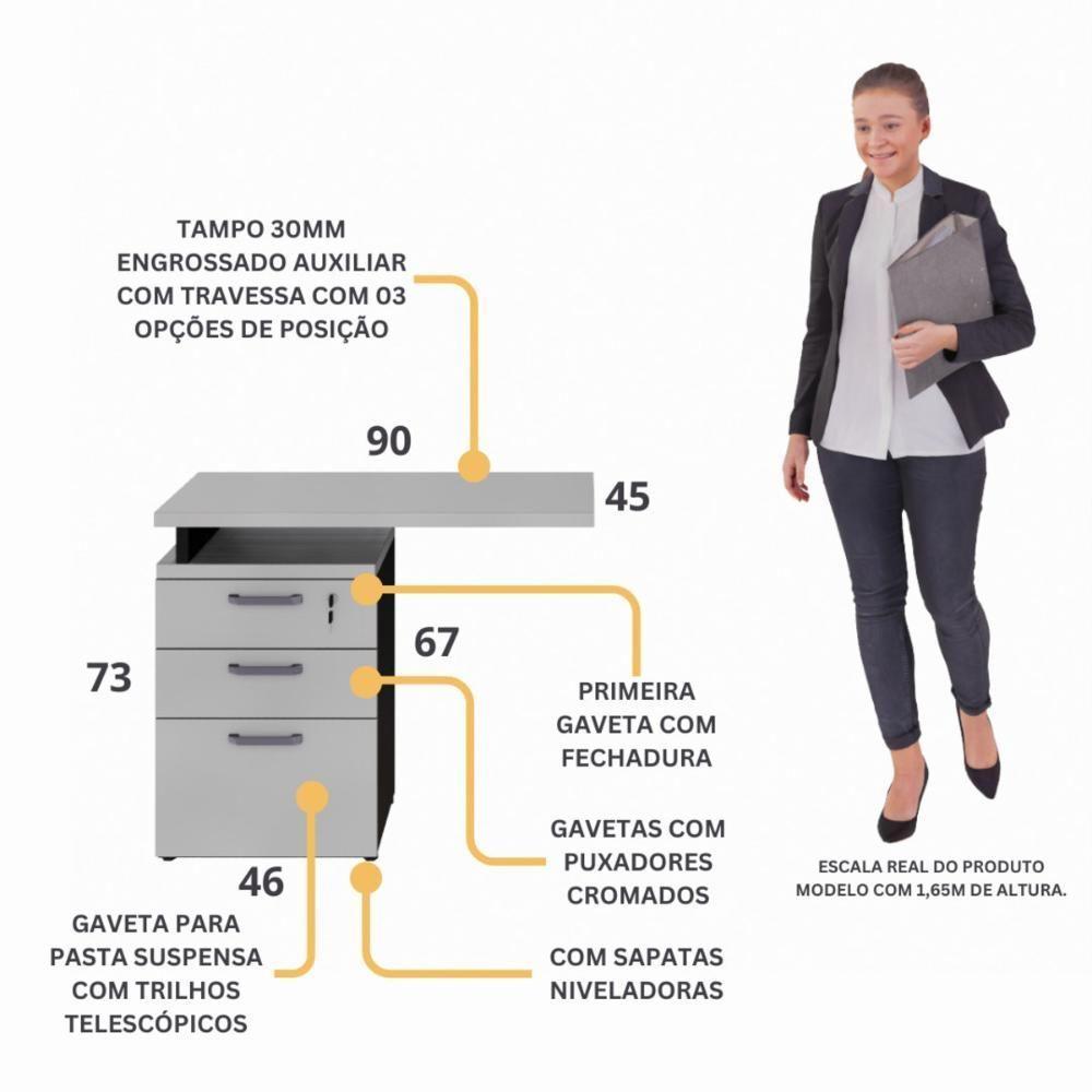 Gaveteiro De Escritório Com Tampo Auxiliar 90cm Com Chave 3 Gavetas Multimóveis Cr25301 Cinza Preto - 3