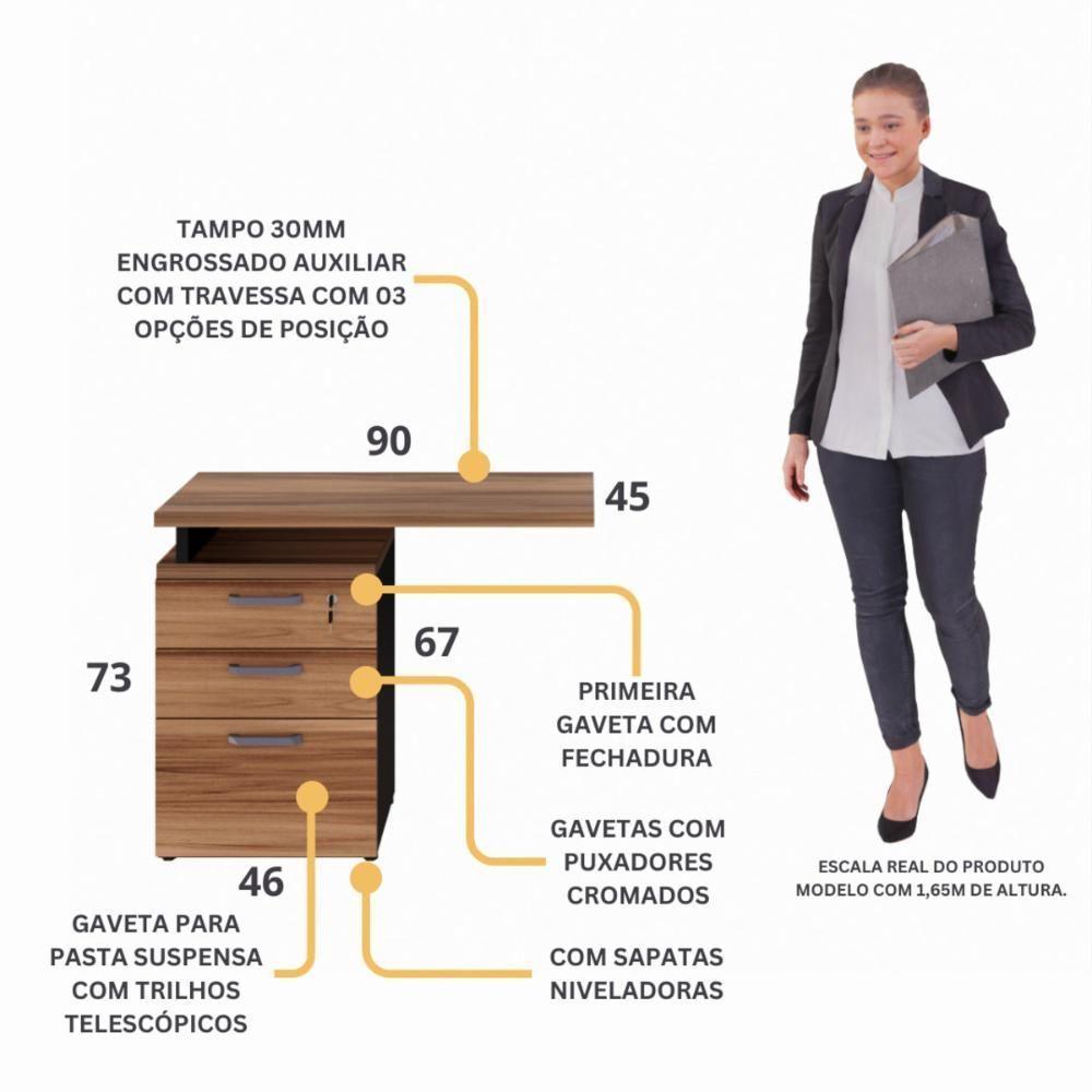 Gaveteiro De Escritório Com Tampo Auxiliar 90cm Com Chave 3 Gavetas Multimóveis Cr25301 Sevilha Preto - 3