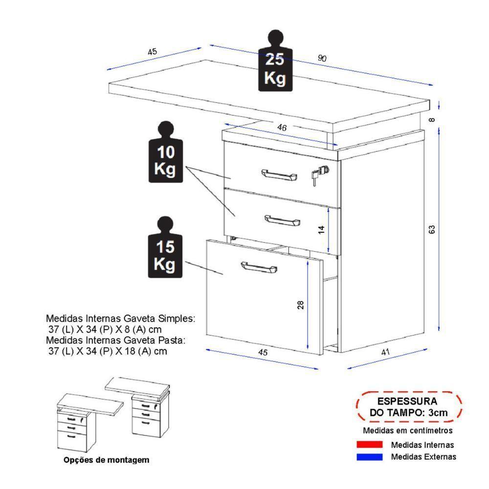 Gaveteiro De Escritório Com Tampo Auxiliar 90cm Com Chave 3 Gavetas Multimóveis Cr25301 Sevilha Preto - 4