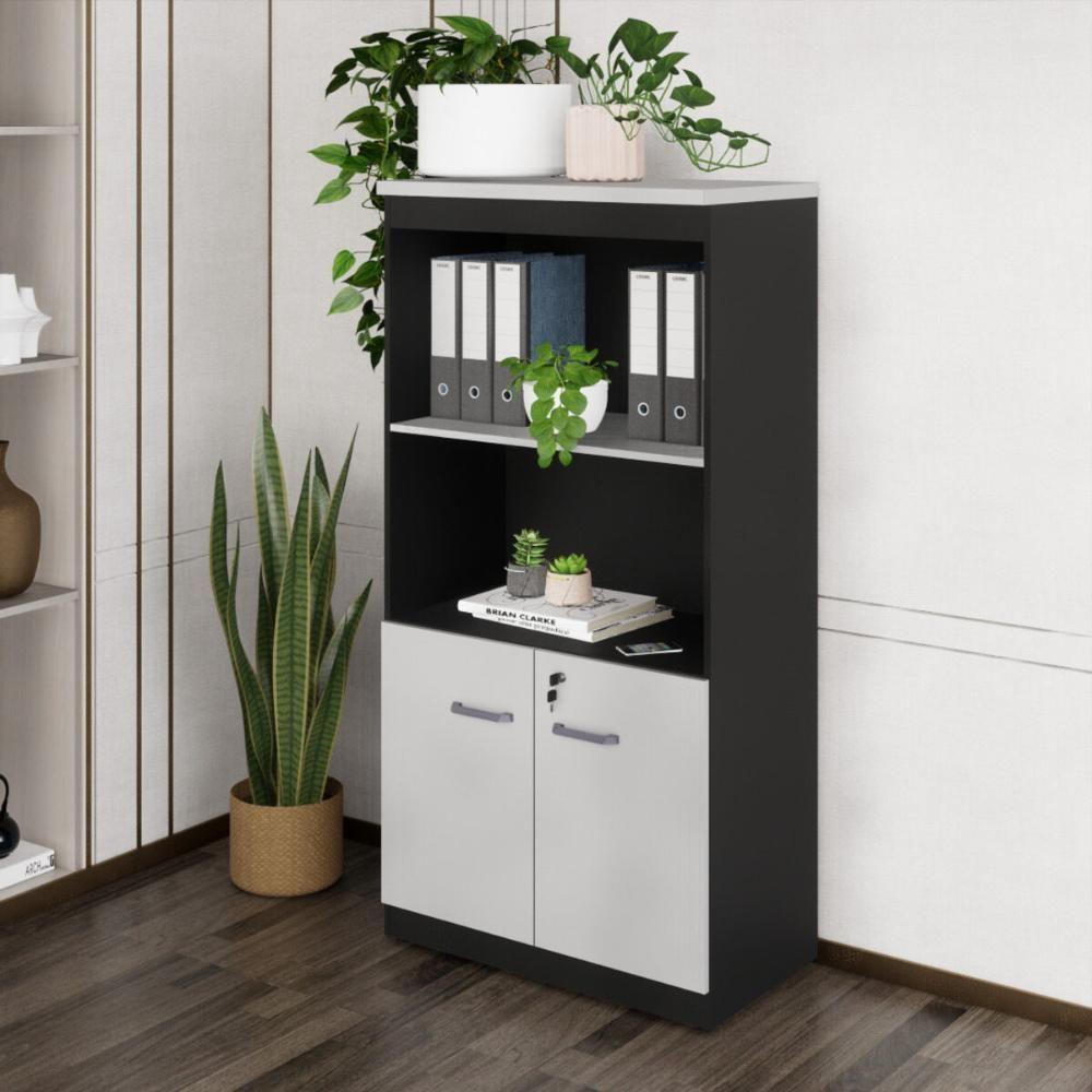 Armário De Escritório 80cm 2 Portas Com Chave Multimóveis Cr25298 Cinza Preto - 1