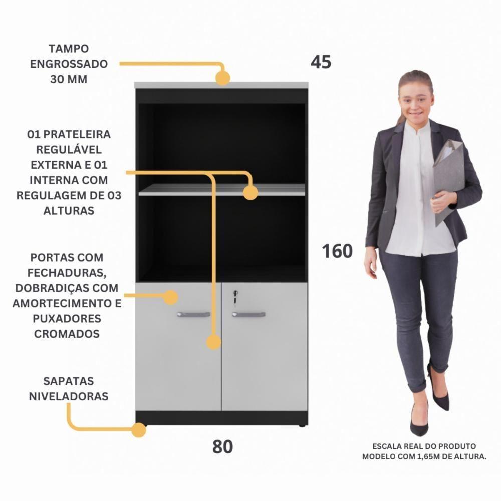 Armário De Escritório 80cm 2 Portas Com Chave Multimóveis Cr25298 Cinza Preto - 3