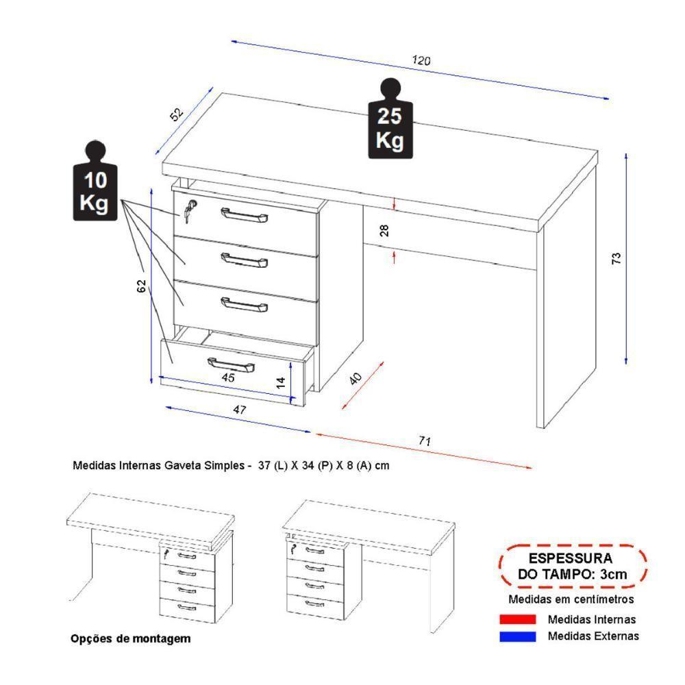 Escrivaninha Extensível 120cm 4 Gavetas Flex Multimóveis Cr25323 Cinza Preto - 3