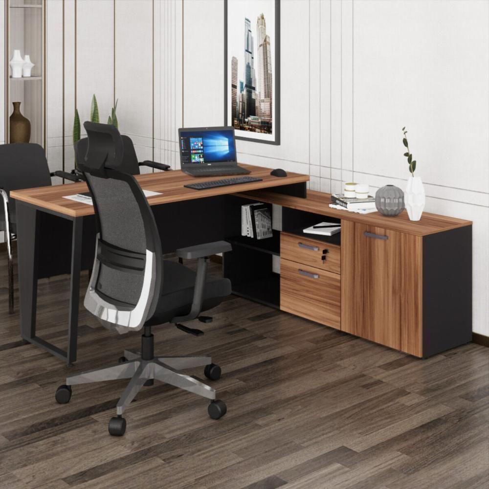 Escrivaninha Com Balcão Lateral 170cm 1 Porta 2 Gavetas Flex Multimóveis Cr25307 Sevilha Preto - 1