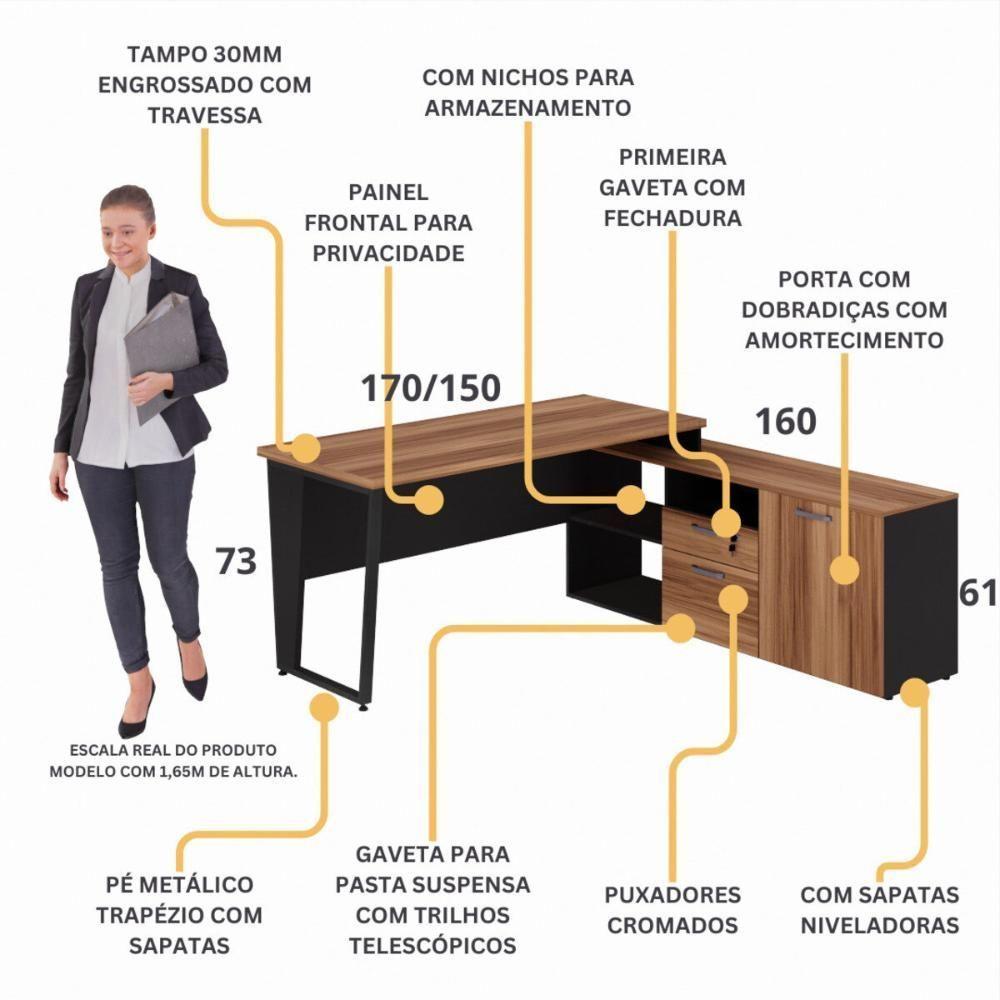 Escrivaninha Com Balcão Lateral 170cm 1 Porta 2 Gavetas Flex Multimóveis Cr25307 Sevilha Preto - 3