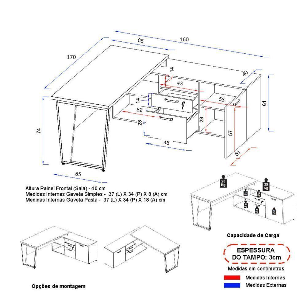 Escrivaninha Com Balcão Lateral 170cm 1 Porta 2 Gavetas Flex Multimóveis Cr25307 Sevilha Preto - 4