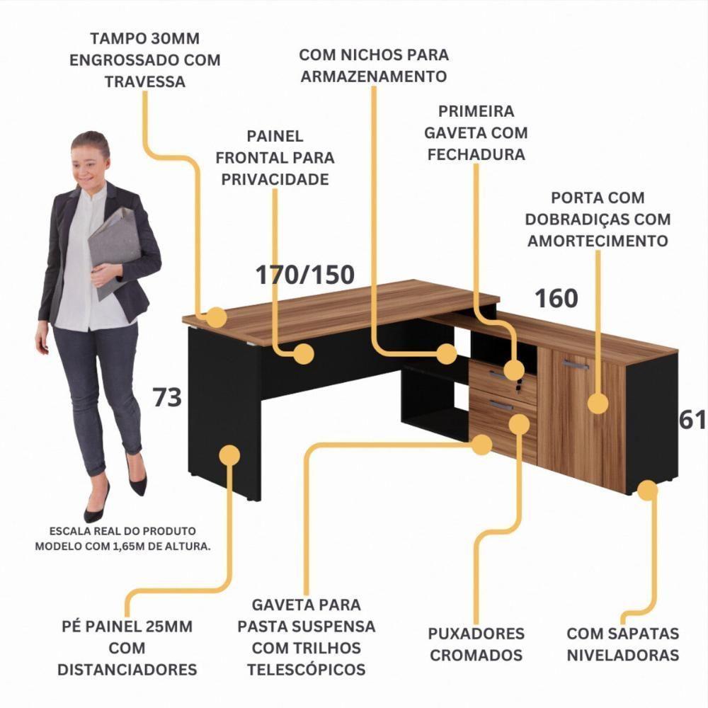 Escrivaninha Com Balcão Lateral 170cm 1 Porta 2 Gavetas Flex Multimóveis Cr25308 Sevilha Preto - 6