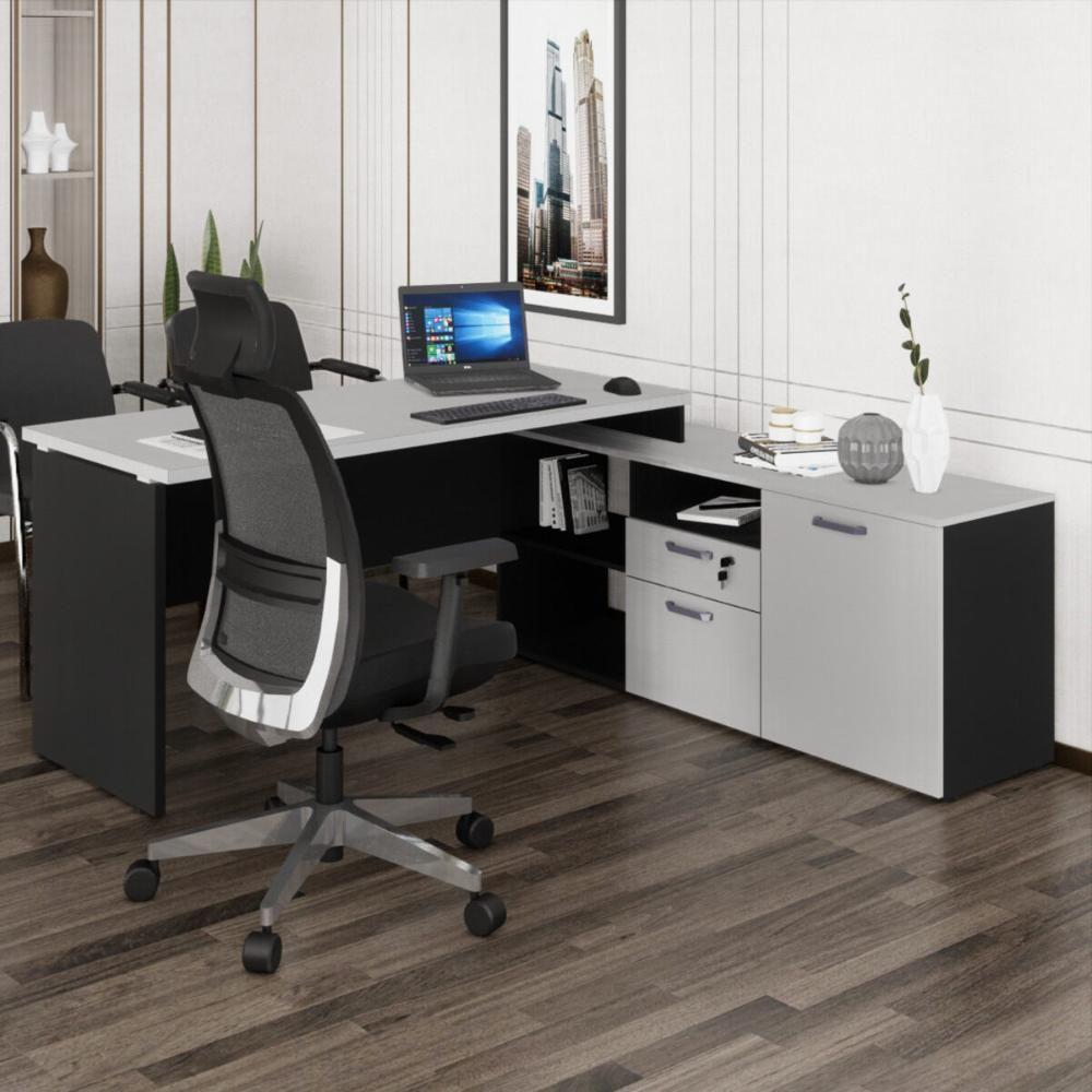 Escrivaninha Com Balcão Lateral 170cm 1 Porta 2 Gavetas Flex Multimóveis Cr25308 Cinza Preto - 1