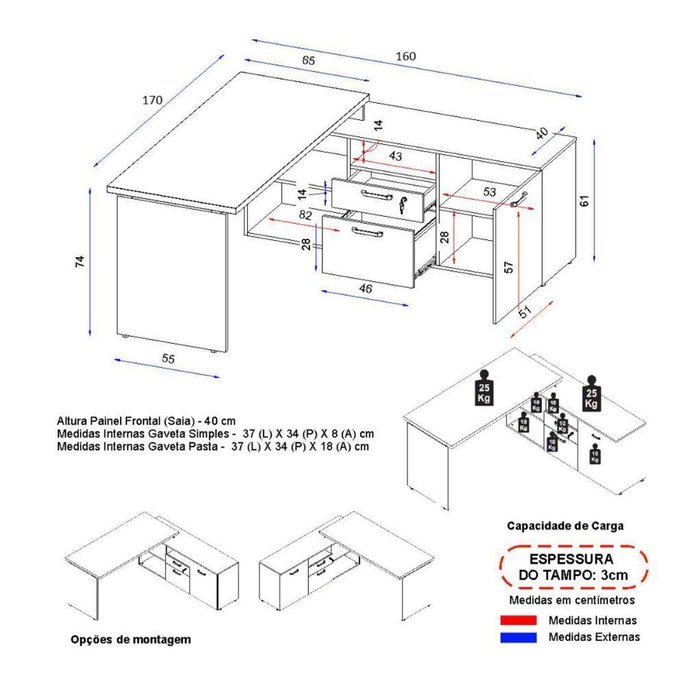 Escrivaninha Com Balcão Lateral 170cm 1 Porta 2 Gavetas Flex Multimóveis Cr25308 Cinza Preto - 4