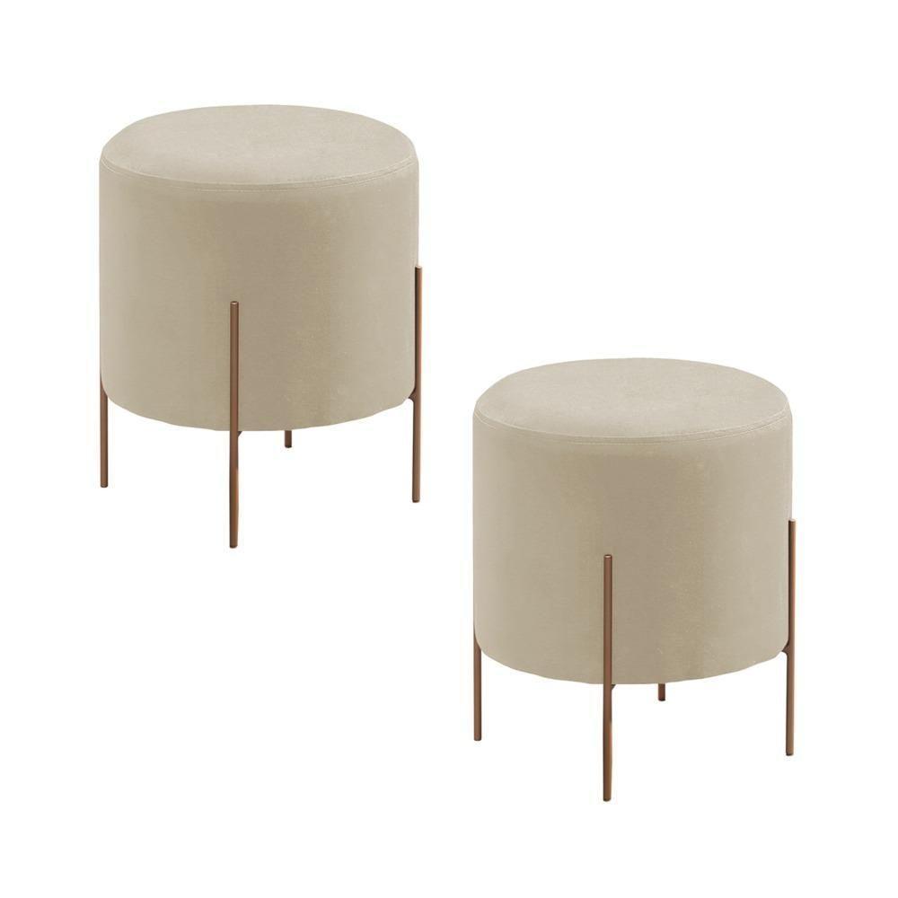 Conjunto - 2 Puff Banqueta Odim Bronze Luxo Castellar Móbile Veludo Bege Claro - 1