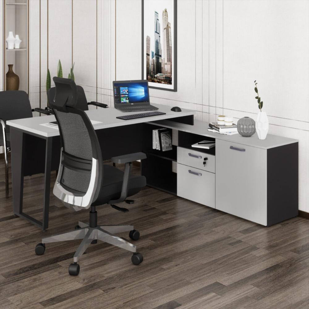Escrivaninha Com Balcão Lateral 170cm 1 Porta 2 Gavetas Flex Multimóveis Cr25307 Cinza Preto - 1
