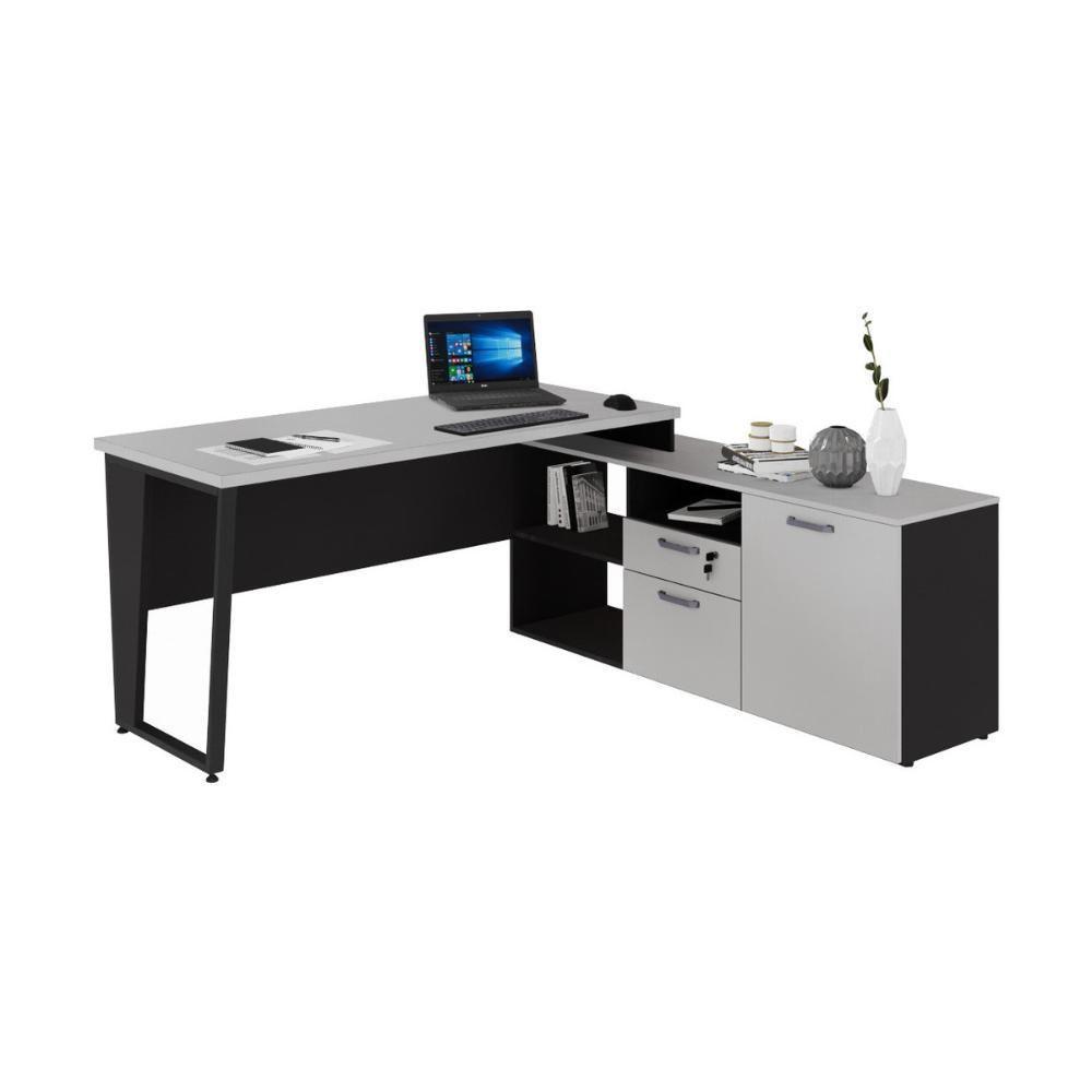 Escrivaninha Com Balcão Lateral 170cm 1 Porta 2 Gavetas Flex Multimóveis Cr25307 Cinza Preto - 5