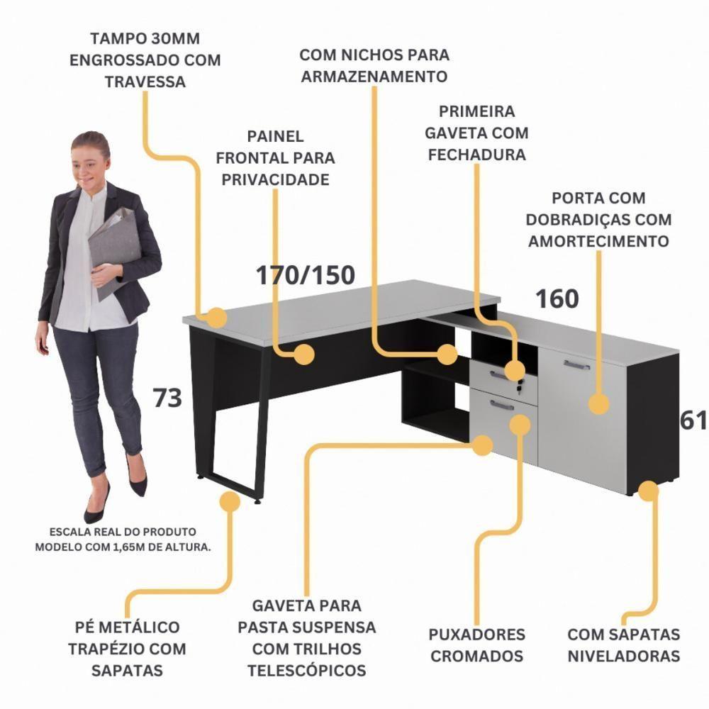 Escrivaninha Com Balcão Lateral 170cm 1 Porta 2 Gavetas Flex Multimóveis Cr25307 Cinza Preto - 6