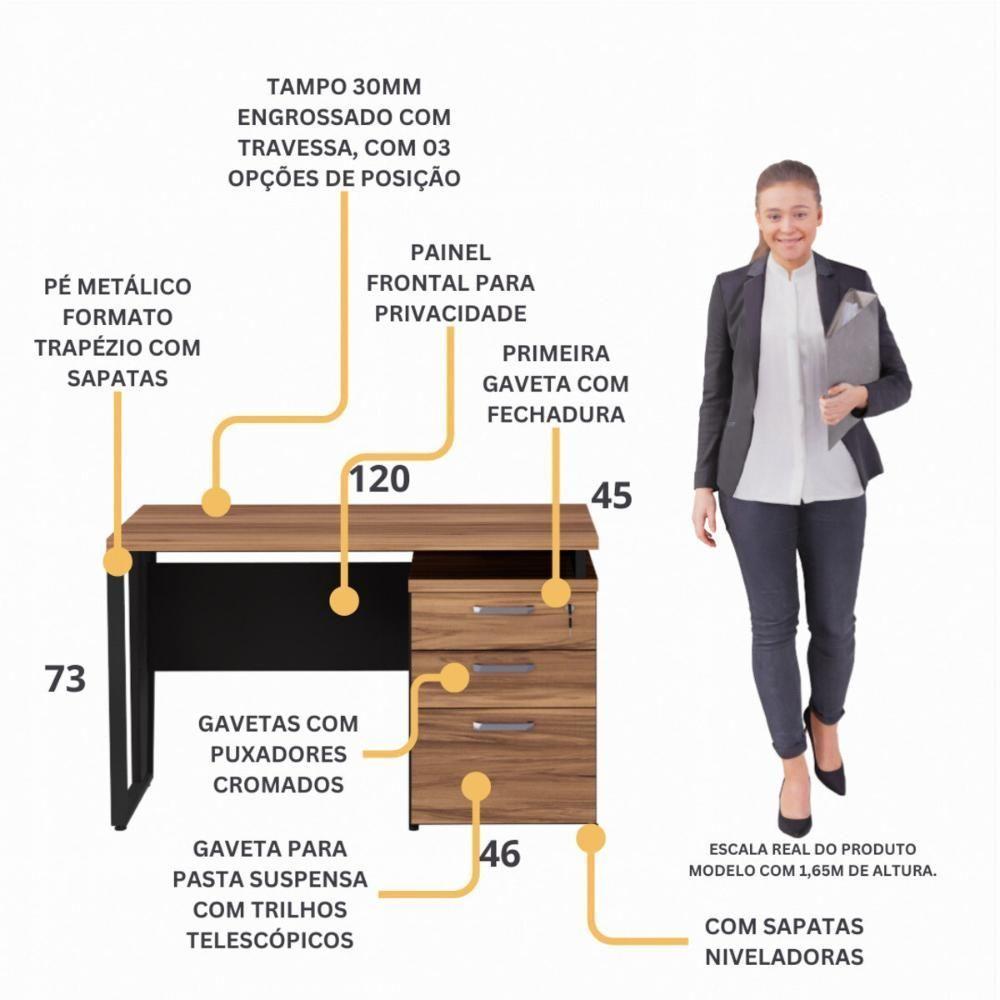 Escrivaninha 120cm Com 3 Gavetas Flex Multimóveis Cr25320 Sevilha Preto - 3