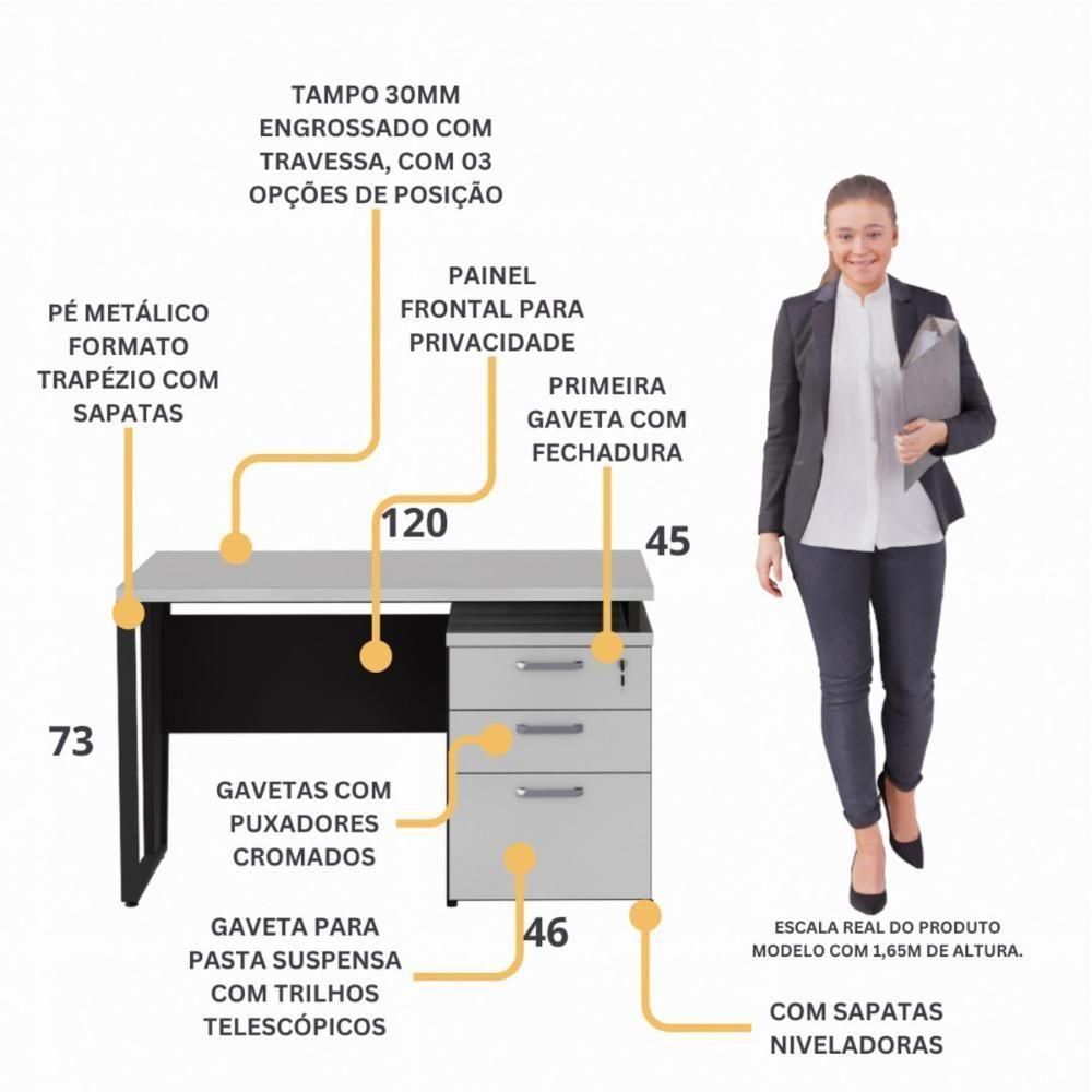 Escrivaninha 120cm Com 3 Gavetas Flex Multimóveis Cr25320 Cinza Preto - 3