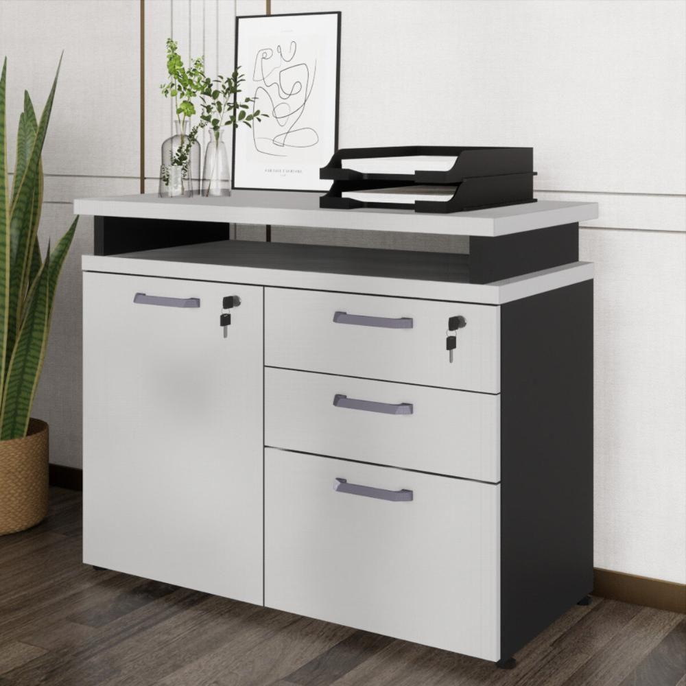 Balcão De Escritório Extensível 90cm 1 Porta Com Chave 3 Gavetas Multimóveis Cr25299 Cinza Preto - 1
