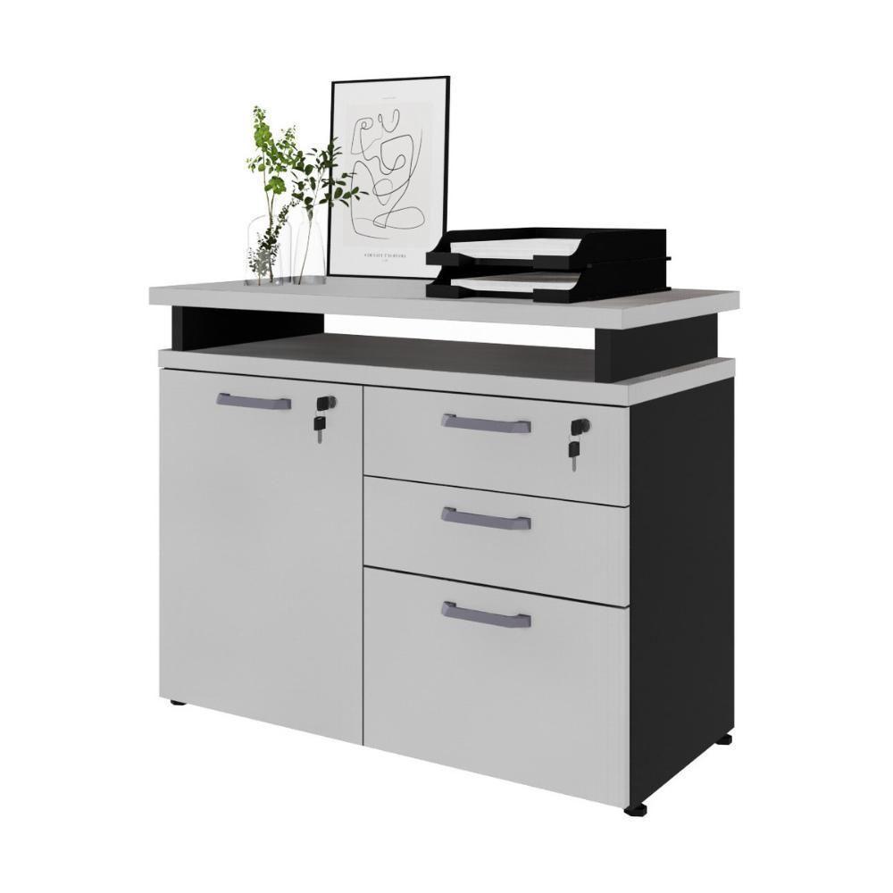 Balcão De Escritório Extensível 90cm 1 Porta Com Chave 3 Gavetas Multimóveis Cr25299 Cinza Preto - 2