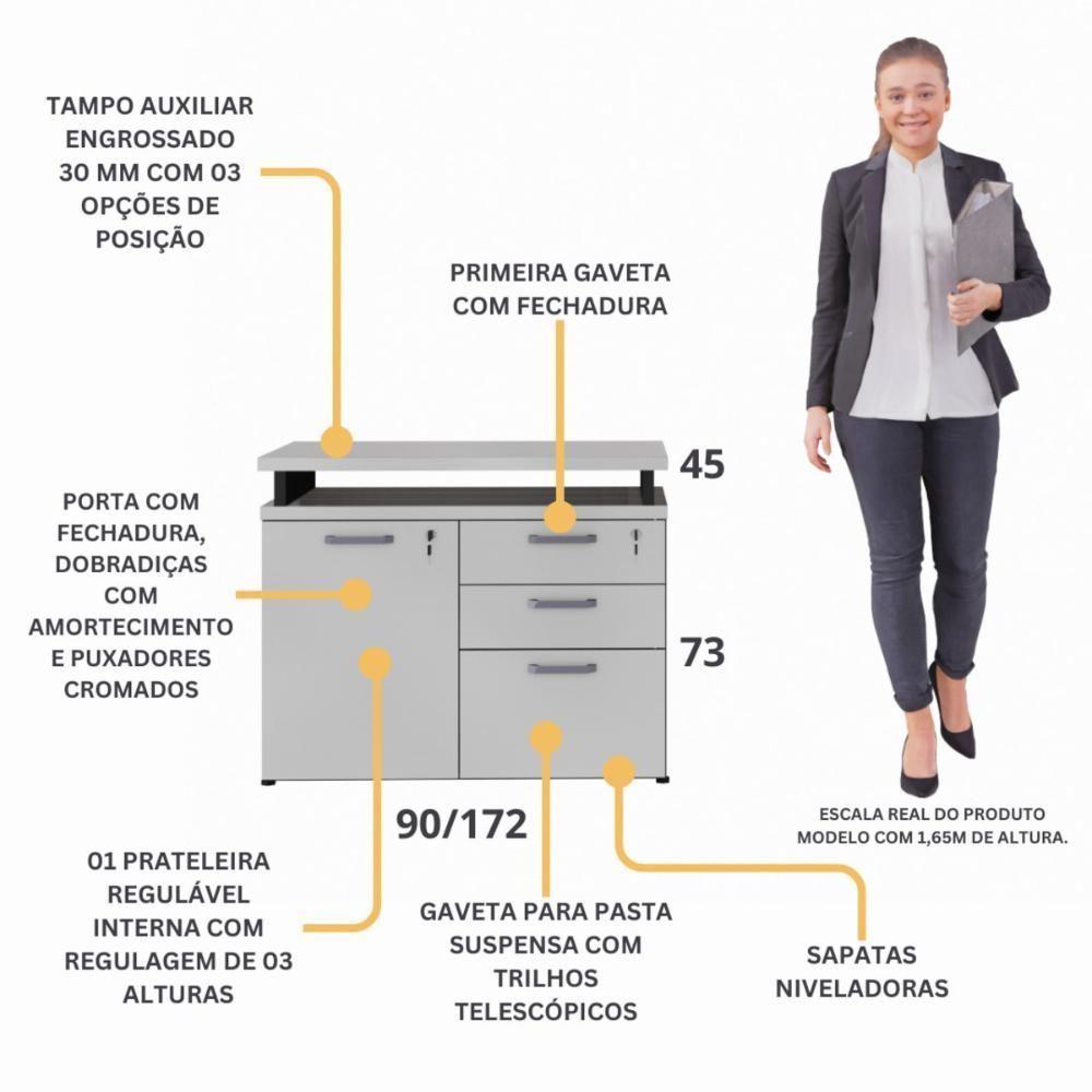 Balcão De Escritório Extensível 90cm 1 Porta Com Chave 3 Gavetas Multimóveis Cr25299 Cinza Preto - 3