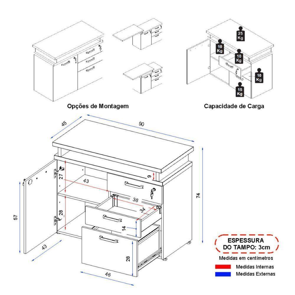 Balcão De Escritório Extensível 90cm 1 Porta Com Chave 3 Gavetas Multimóveis Cr25299 Cinza Preto - 4