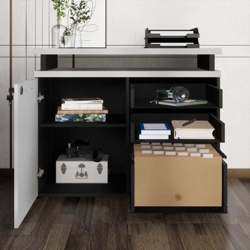 Balcão De Escritório Extensível 90cm 1 Porta Com Chave 3 Gavetas Multimóveis Cr25299 Cinza Preto - 6