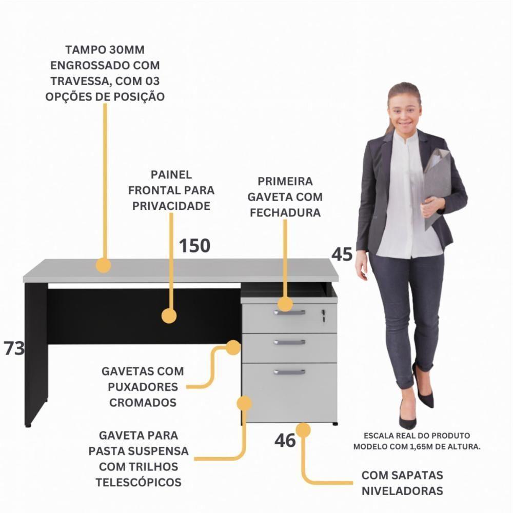Escrivaninha Mesa Escritório 150cm 3 Gavetas Flex Multimóveis Cr25316 Cinza Preto - 4