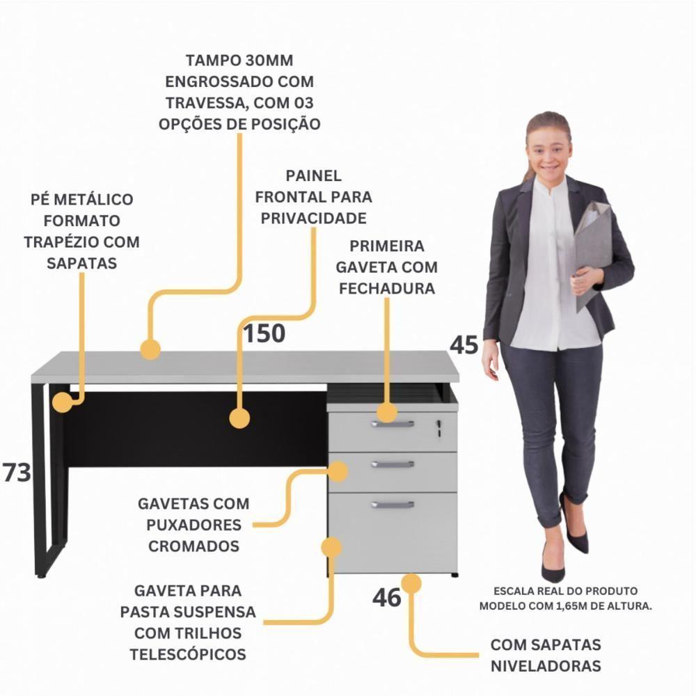 Escrivaninha Mesa Escritório 150cm 3 Gavetas Flex Multimóveis Cr25322 Cinza Preto - 6