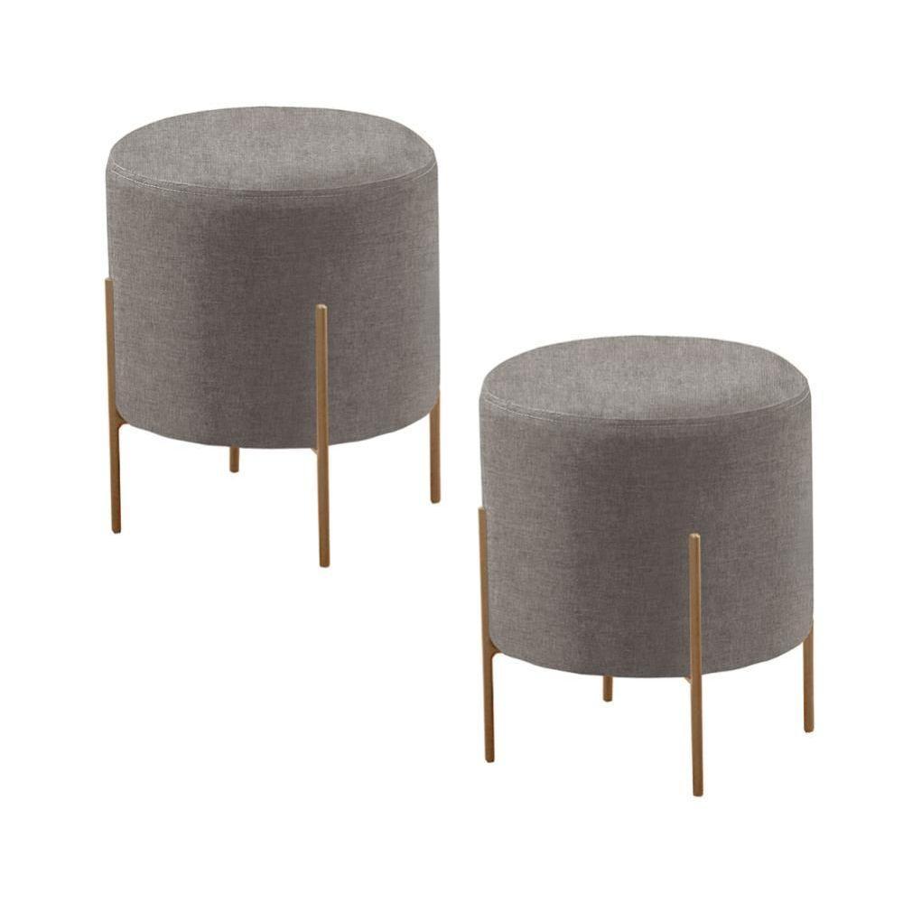 Conjunto - 2 Puff Banqueta Odim Bronze Luxo Castellar Móbile Linho Cinza - 1