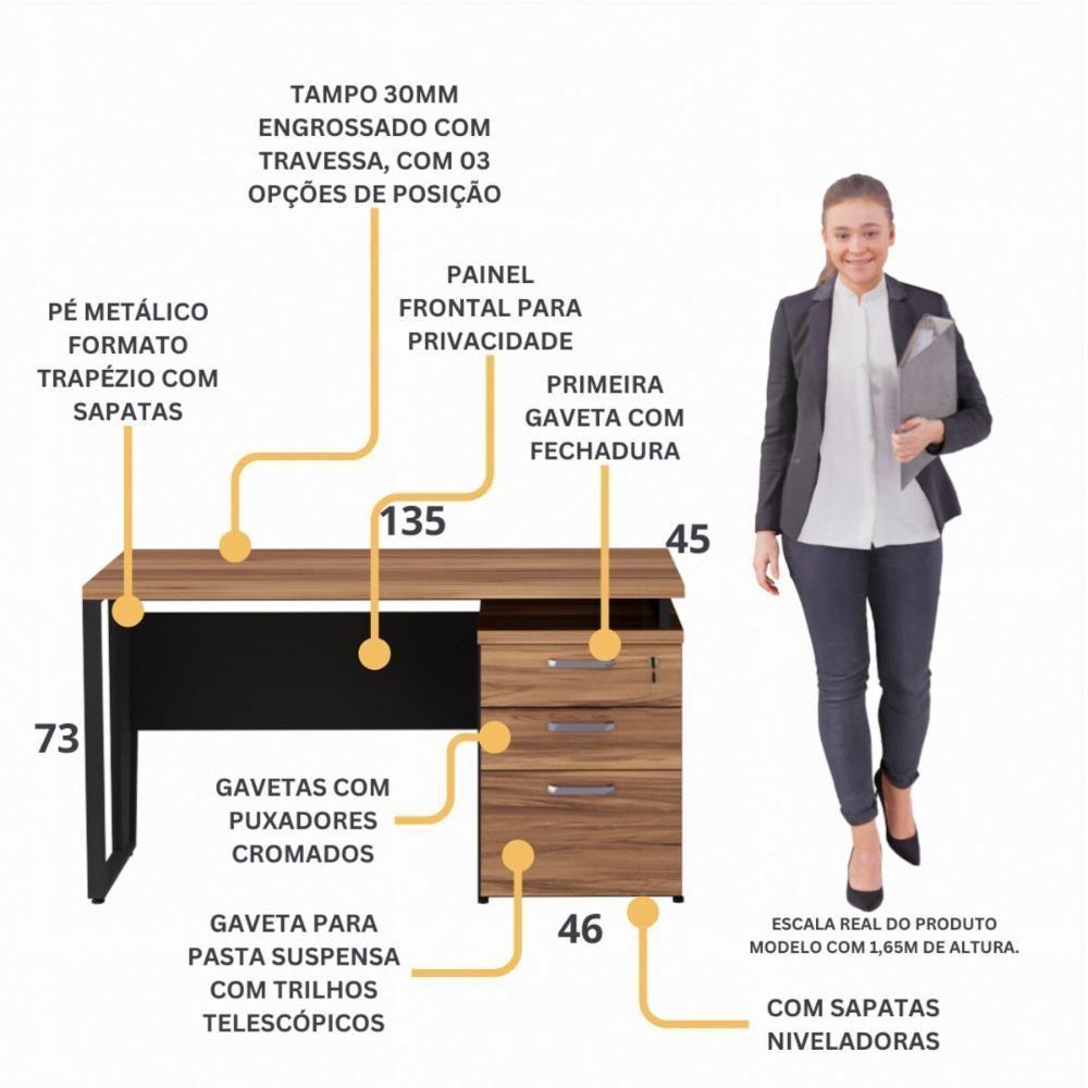 Escrivaninha Mesa Escritório 135cm 3 Gavetas Flex Multimóveis Cr25321 Sevilha Preto - 4