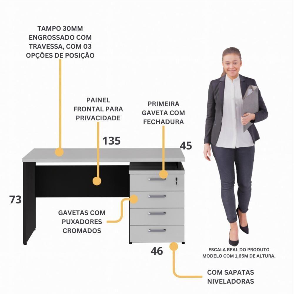 Escrivaninha Mesa Escritório 135cm 4 Gavetas Flex Multimóveis Cr25314 Cinza Preto - 3