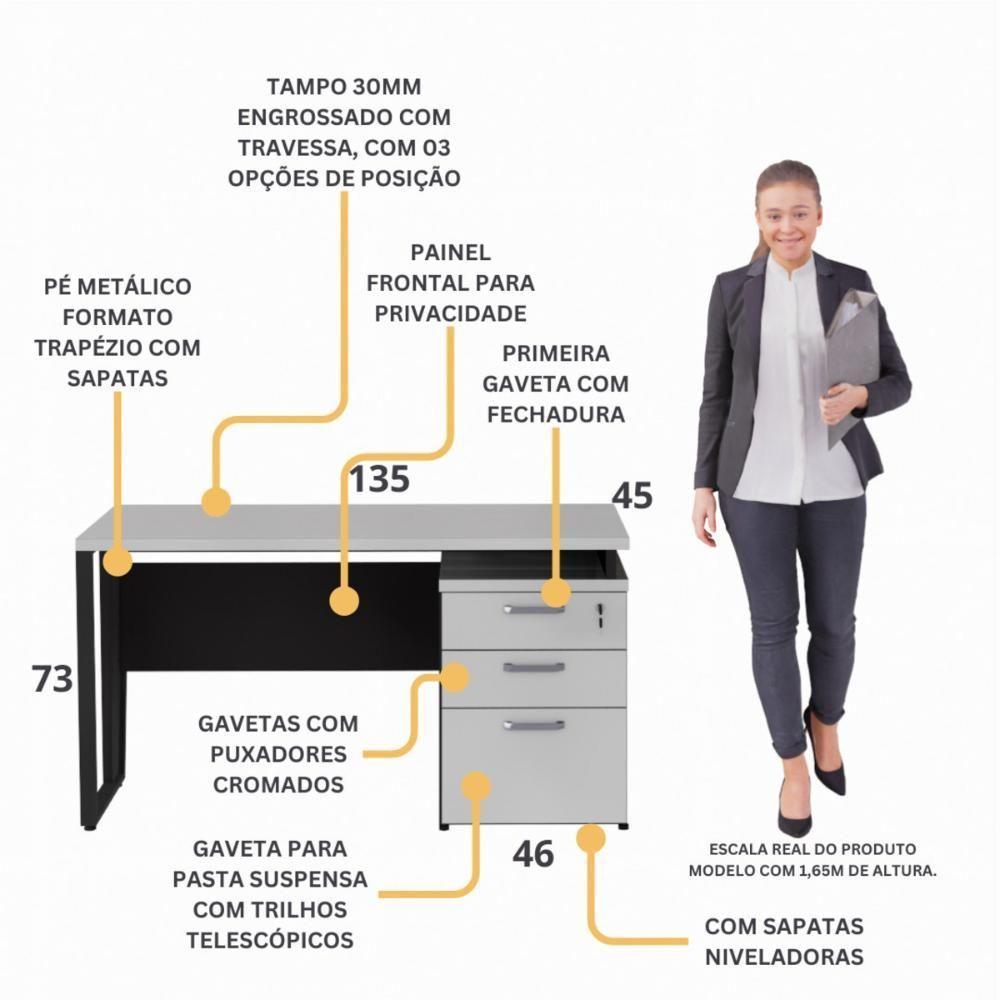 Escrivaninha Mesa Escritório 135cm 3 Gavetas Flex Multimóveis Cr25321 Cinza Preto - 3