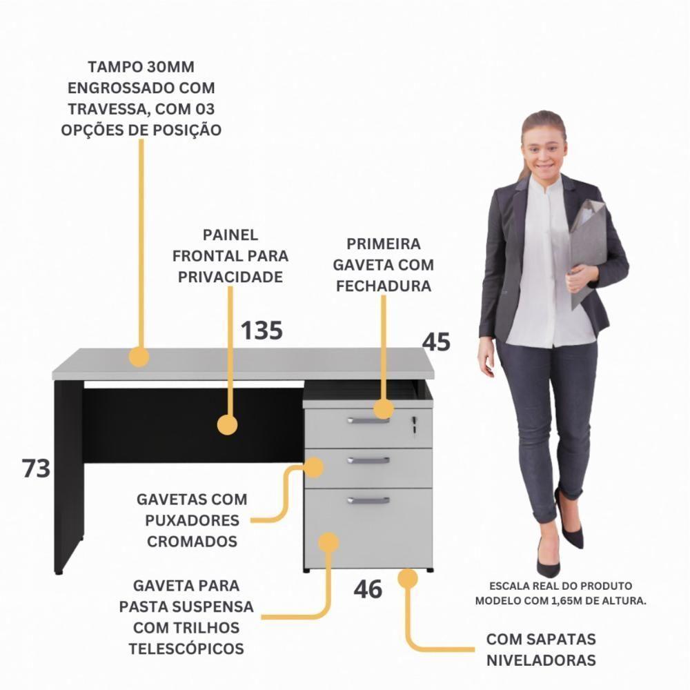 Escrivaninha Mesa Escritório 135cm 3 Gavetas Flex Multimóveis Cr25313 Cinza Preto - 3