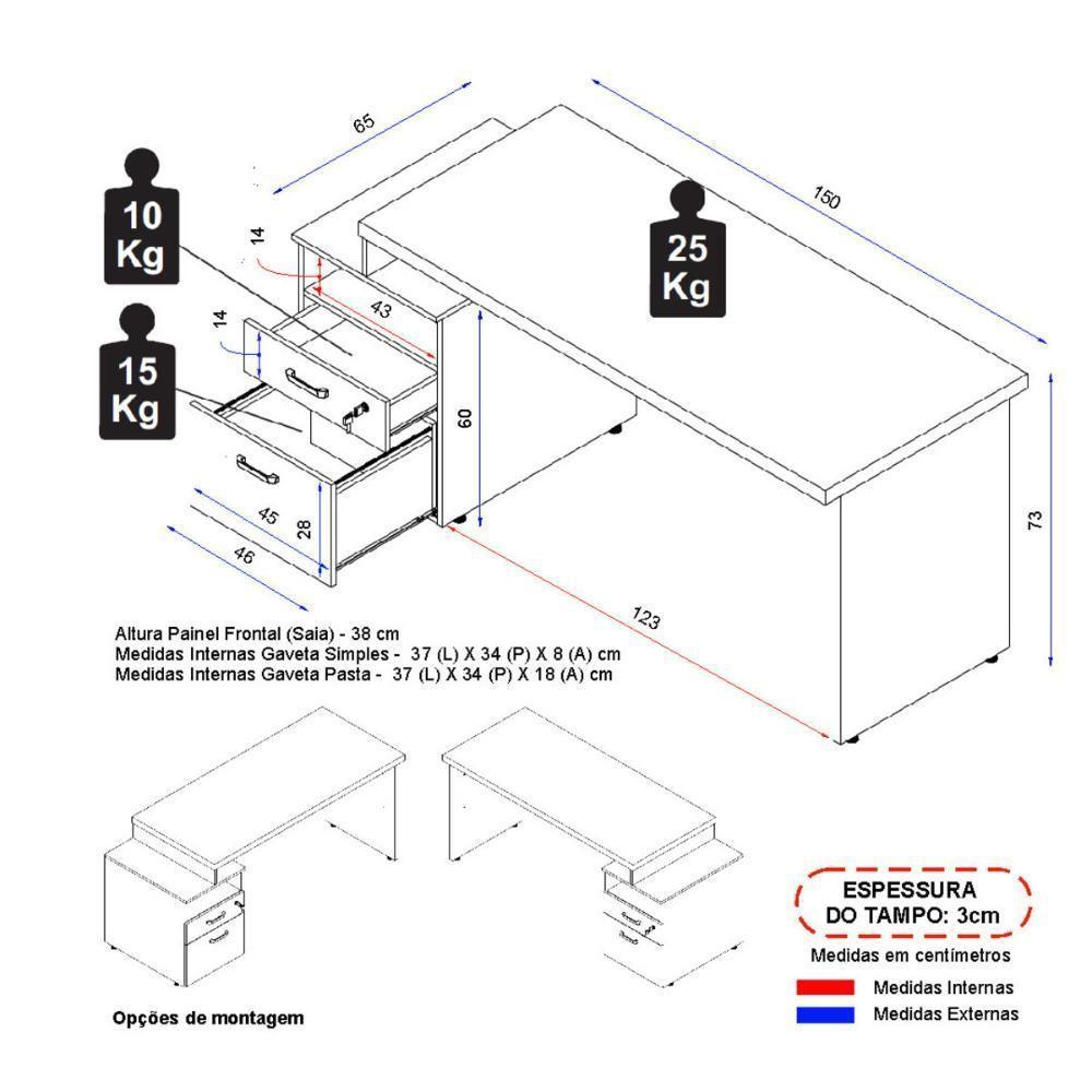 Escrivaninha Mesa De Escritório 172cm 2 Gavetas Flex Multimóveis Cr25310 Cinza Preto - 4