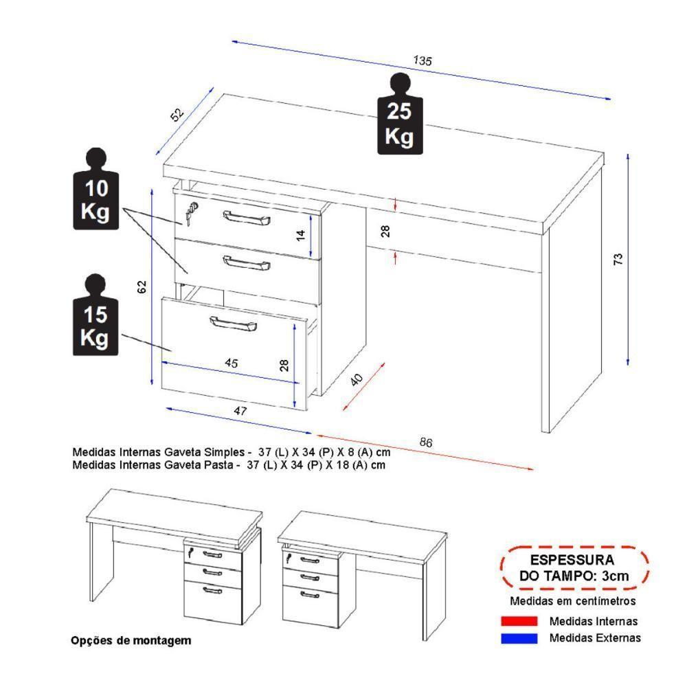 Escrivaninha Mesa Escritório 135cm 3 Gavetas Flex Multimóveis Cr25313 Sevilha Preto - 4
