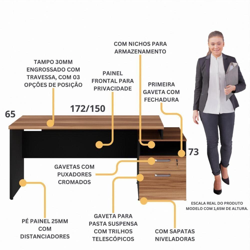 Escrivaninha Mesa De Escritório 172cm 2 Gavetas Flex Multimóveis Cr25309 Sevilha Preto - 4