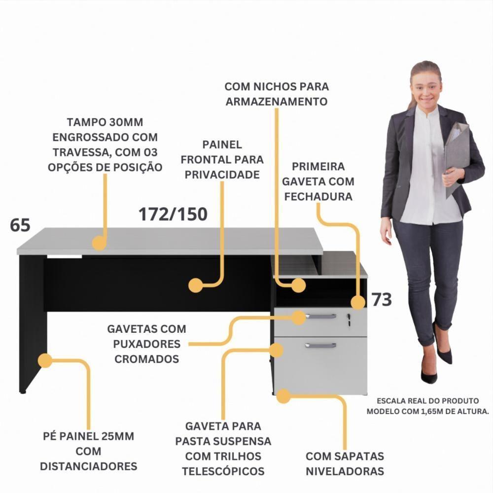 Escrivaninha Mesa De Escritório 172cm 2 Gavetas Flex Multimóveis Cr25309 Cinza Preto - 3