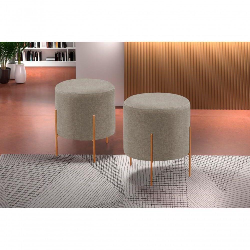 Conjunto - 2 Puff Banqueta Odim Bronze Luxo Castellar Móbile Linho Cappuccino - 2