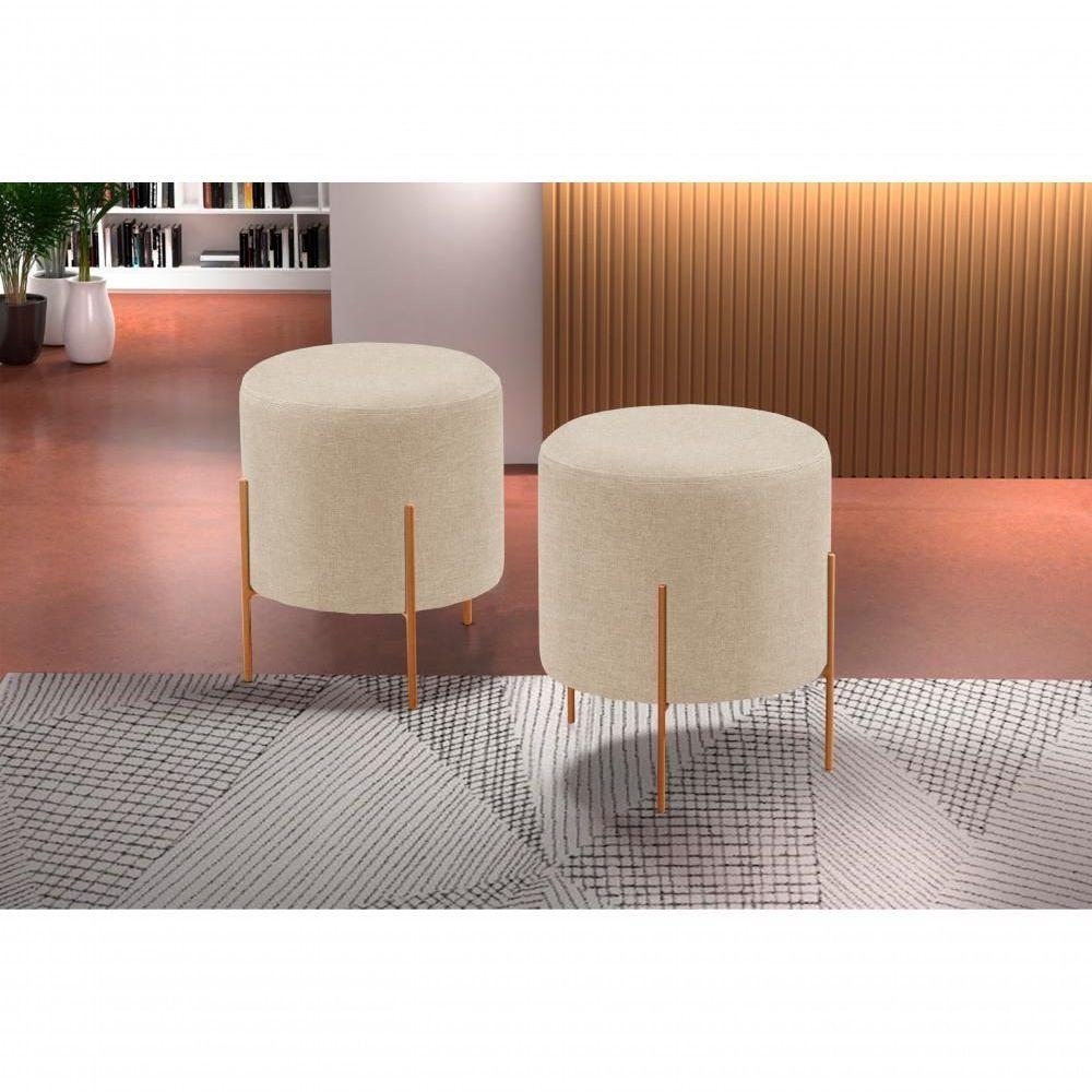Conjunto - 2 Puff Banqueta Odim Bronze Luxo Castellar Móbile Linho Bege Claro - 5