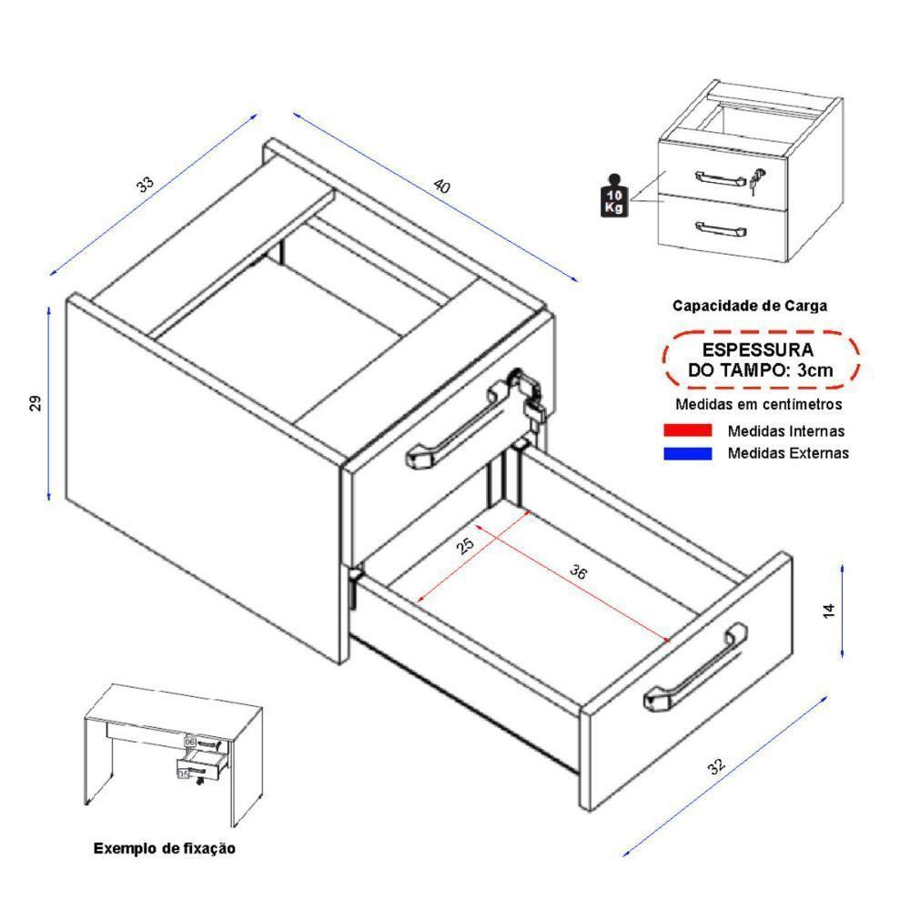 Gaveteiro Para Mesa De Escritório 33cm Com Chave 2 Gavetas Multimóveis Cr25304 Sevilha Preto - 4
