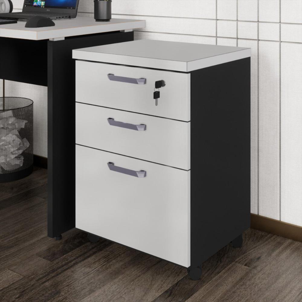 Gaveteiro De Escritório 46cm Com Chave 3 Gavetas E Rodízios Multimóveis Cr25302 Cinza Preto - 1