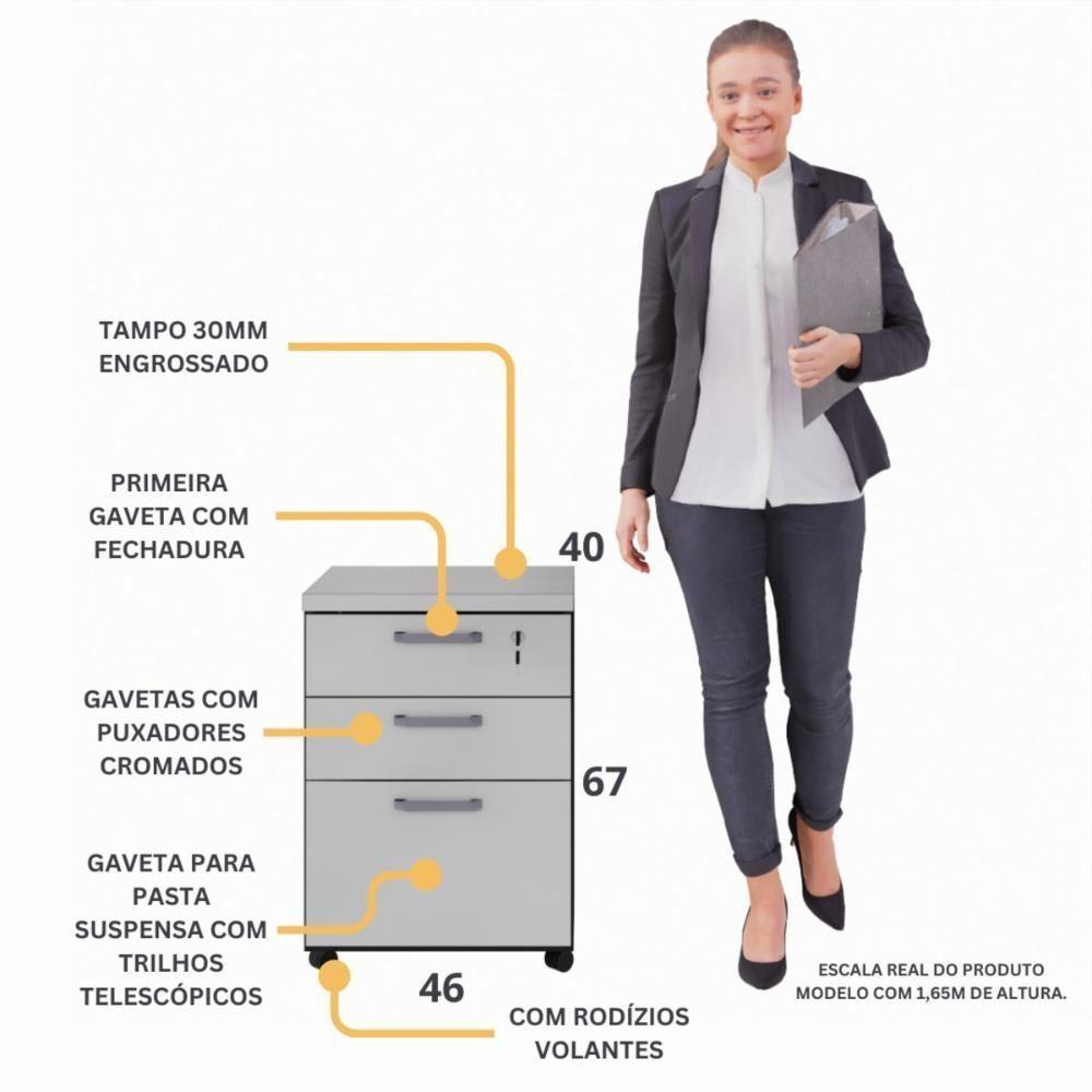 Gaveteiro De Escritório 46cm Com Chave 3 Gavetas E Rodízios Multimóveis Cr25302 Cinza Preto - 4