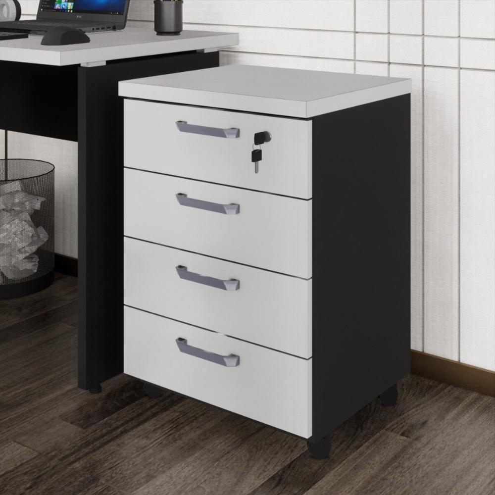 Gaveteiro De Escritório 46cm Com Chave 4 Gavetas E Rodízios Multimóveis Cr25303 Cinza Preto - 1