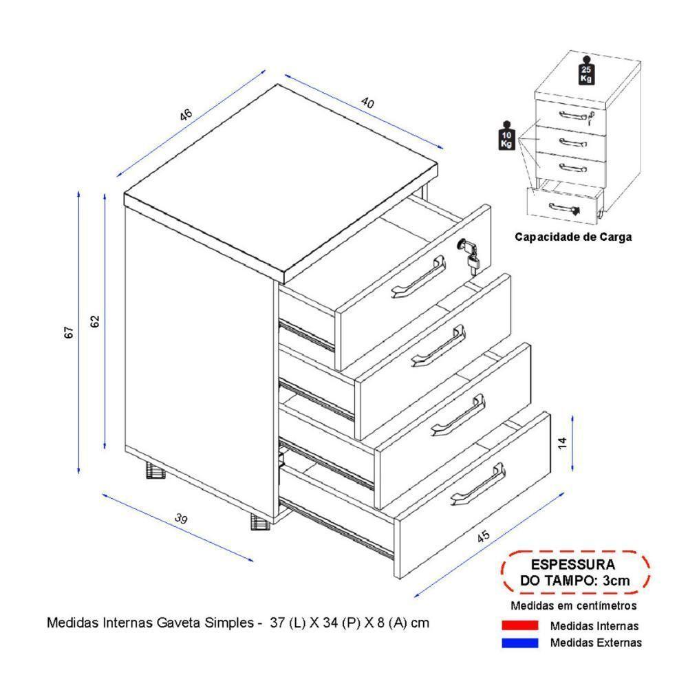 Gaveteiro De Escritório 46cm Com Chave 4 Gavetas E Rodízios Multimóveis Cr25303 Cinza Preto - 4