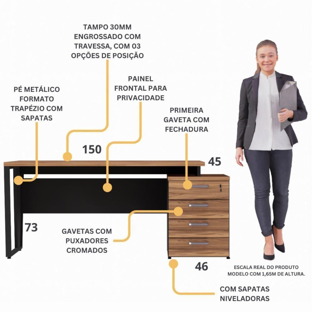 Escrivaninha Mesa Escritório Extensível 150cm 4 Gavetas Flex Multimóveis Cr25325 Sevilha Preto - 3