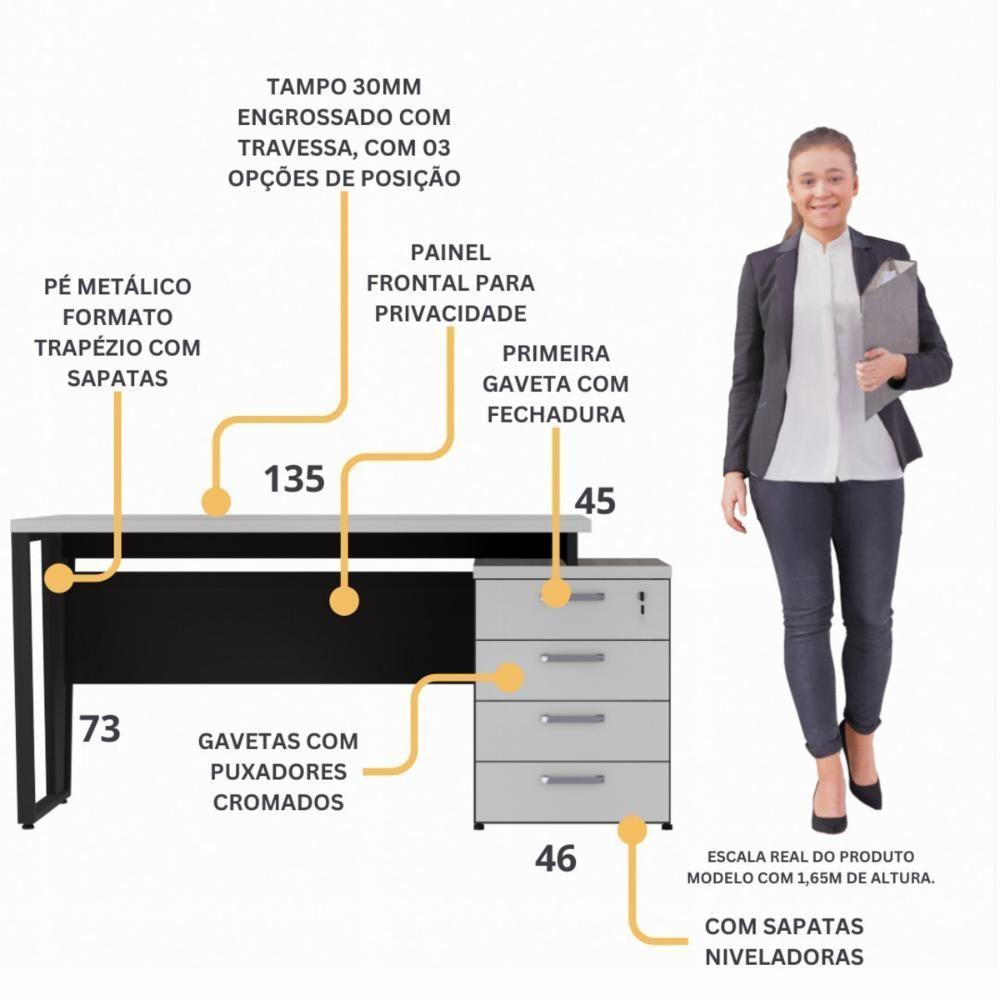 Escrivaninha Mesa Escritório Extensível 135cm 4 Gavetas Flex Multimóveis Cr25324 Cinza Preto - 3
