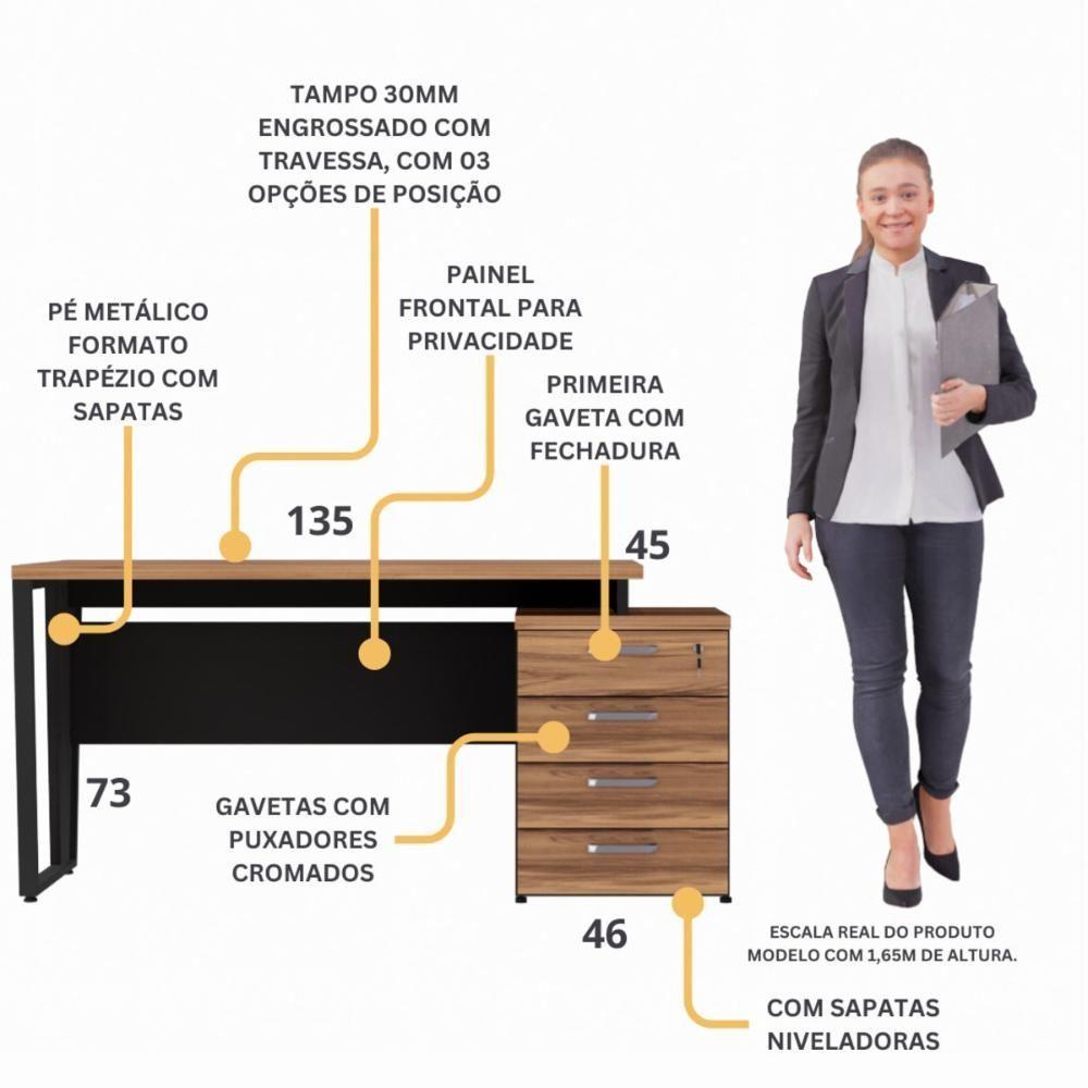 Escrivaninha Mesa Escritório Extensível 135cm 4 Gavetas Flex Multimóveis Cr25324 Sevilha Preto - 3
