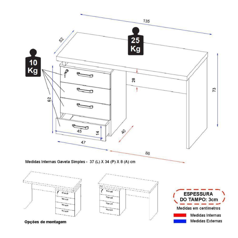 Escrivaninha Mesa Escritório Extensível 135cm 4 Gavetas Flex Multimóveis Cr25324 Sevilha Preto - 4