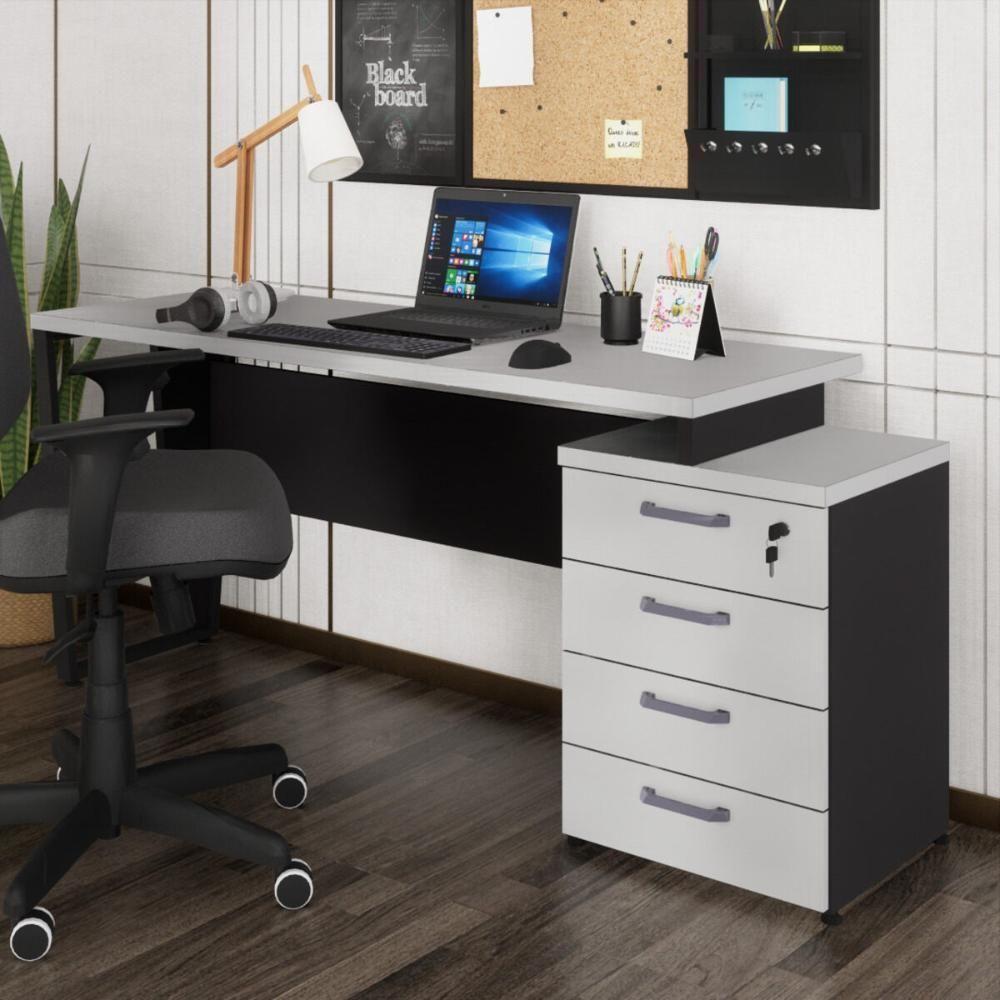 Escrivaninha Mesa Escritório Extensível 150cm 4 Gavetas Flex Multimóveis Cr25325 Cinza Preto - 1